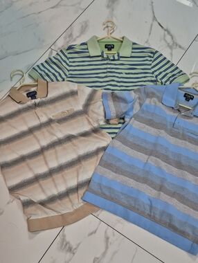 3 Mens Vintage Striped Polo Shirt - Blue, Green, Beige. 2 Med 1 Lar